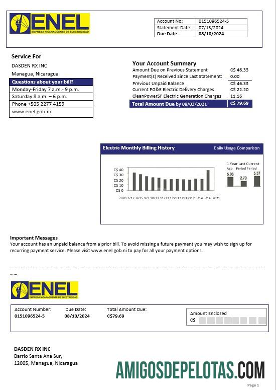 em branco Nicarágua Empresa de Eletricidade da Nicarágua ENEL Modelo de conta de serviços públicos de eletricidade em formatos Word e PDF